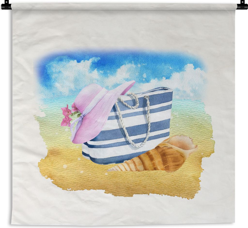 MuchoWow Wandteppich Wandbehang Strandtasche - Hut - Muschel - Strand 150x150 cm Tapisserie Dekoration Wandtuch - Wohnaccessoires - Modernes