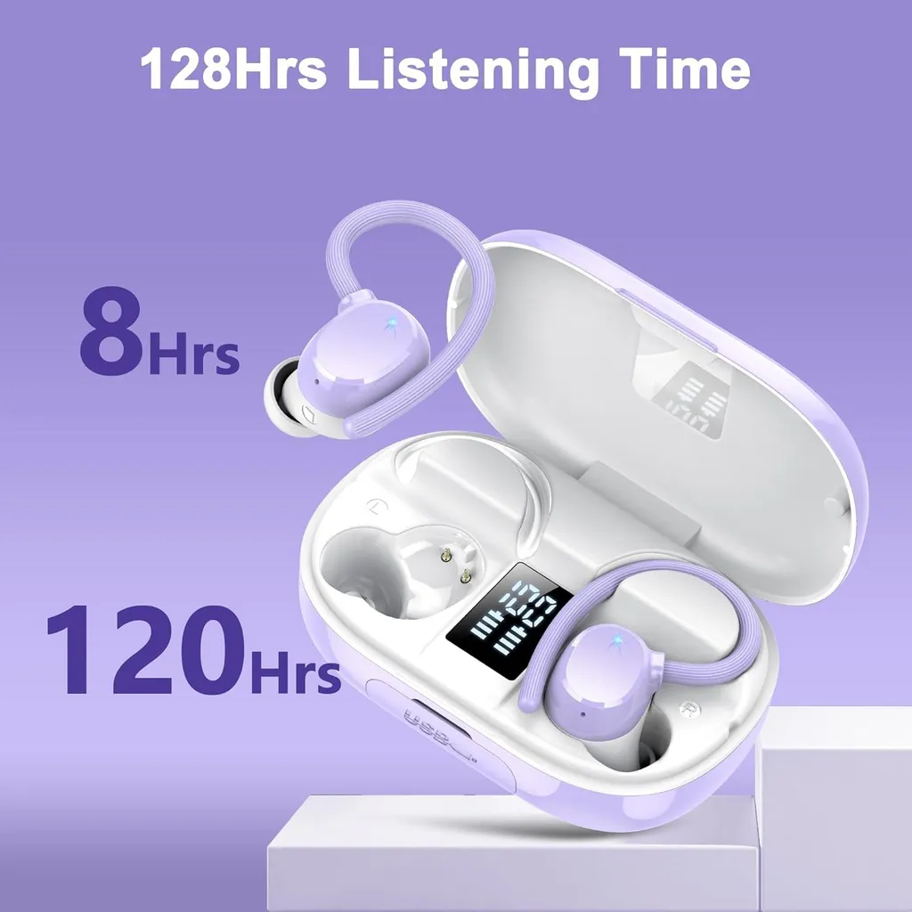 Cuffie Bluetooth sportive senza fili, batteria ricaricabile da 128 ore, Bluetooth 5.3, cancellazione del rumore ENC, bassi HiFi, impermeabilità IPX7, gancio per l'orecchio, display LED, custodia di ricarica USB-C - 2