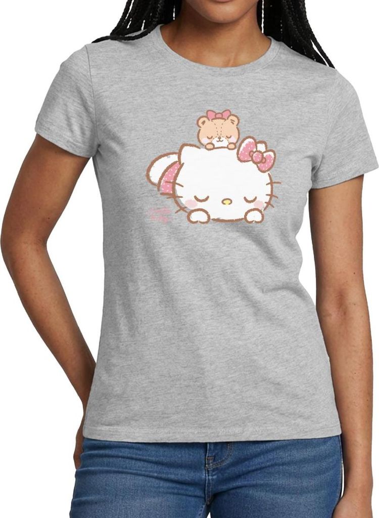 Spreadshirt Hello Kitty Mit Teddy Auf Dem Rücken Frauen T-Shirt, XXL, Grau meliert
