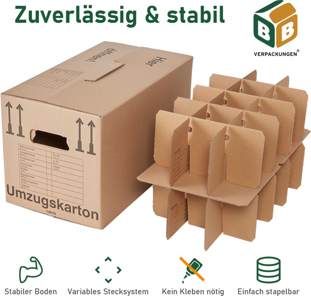 25 x Gläserkarton inkl. Einsatz 40 kg Traglast stabiler Umzugskarton Gläserkiste Umzug 2-wellig BB-Verpackungen