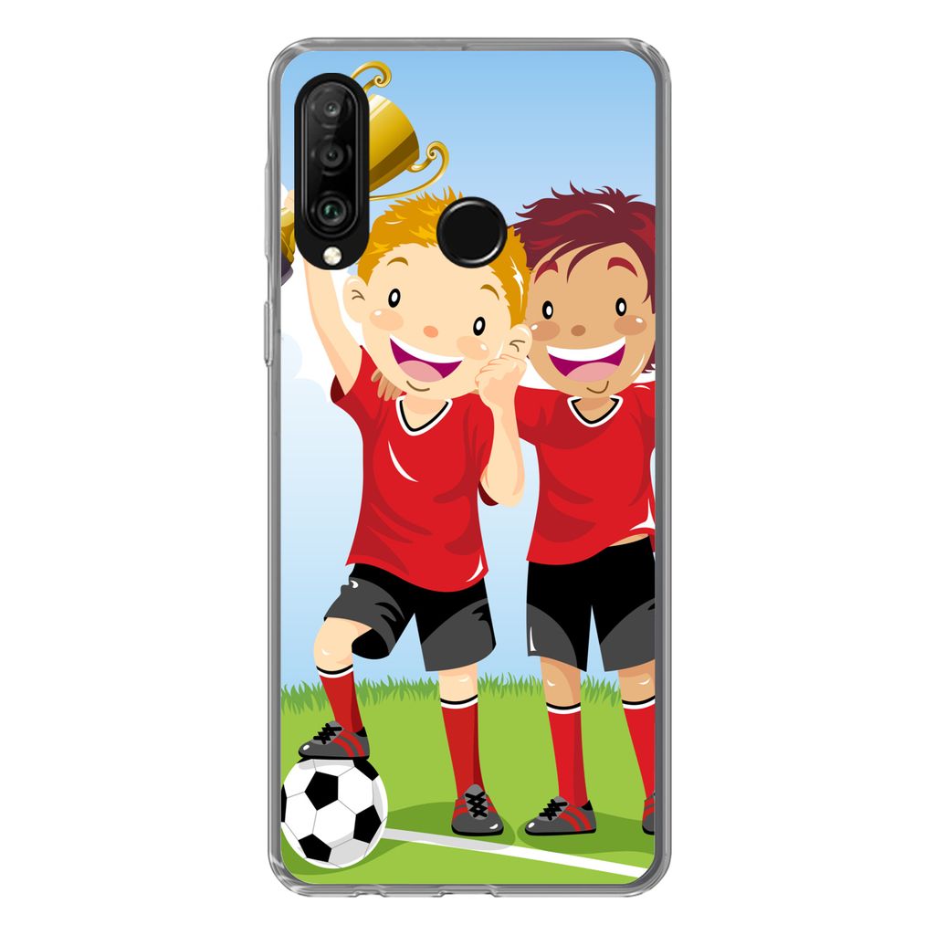 MuchoWow Handyhülle Schutzhülle Hülle für Huawei P30 Lite Eine Illustration von zwei Fußballspielern, die einen Preis gewonnen haben - Junge...