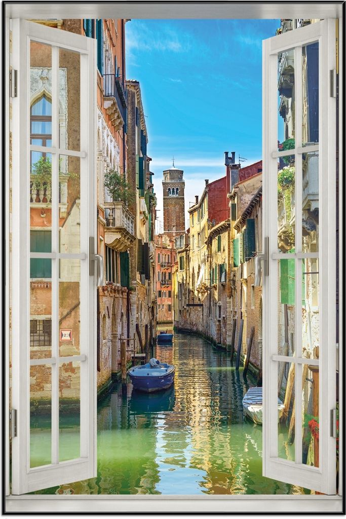 Wallario Wandbild mit Fenster-Illusion: Urlaub in Venedig Kanal zwischen bunten Häusern, Größe: 61 x 91,5 cm, Poster mit schwarzem Aluminiumrahmen