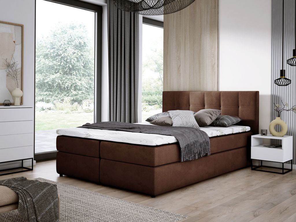 E-ZIMPAZ Boxspringbett MALMO 180x200 cm Komplett-Set mit Matratze und Topper, Polsterbett mit zwei Bettkästen, Doppelbett Braun SORO 28
