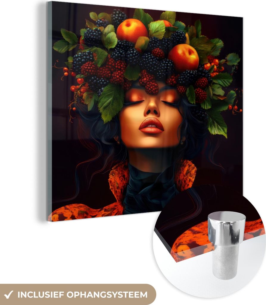 MuchoWow Glasbilder - Bilder auf Wandbild - Foto auf Glas Frau - Schwarz - Beeren - Äpfel 40x40 cm Wanddekoration aus Glas - Acrylglasbild - Acryl...