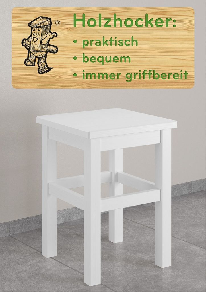 Holzhocker Sitzhocker ohne Lehne in Kiefer natur oder weiß Produktbild 4
