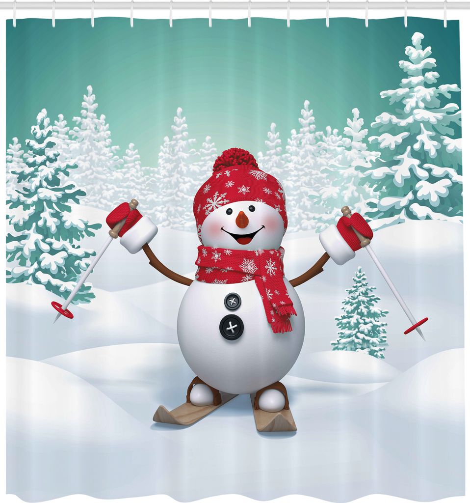ABAKUHAUS Weihnachten Duschvorhang, Schnee bedeckte Berg mit Tannenbäumen und Schneemann Advetszeit Feiertage, Stoffliches Gewebe Badezimmerdekora...