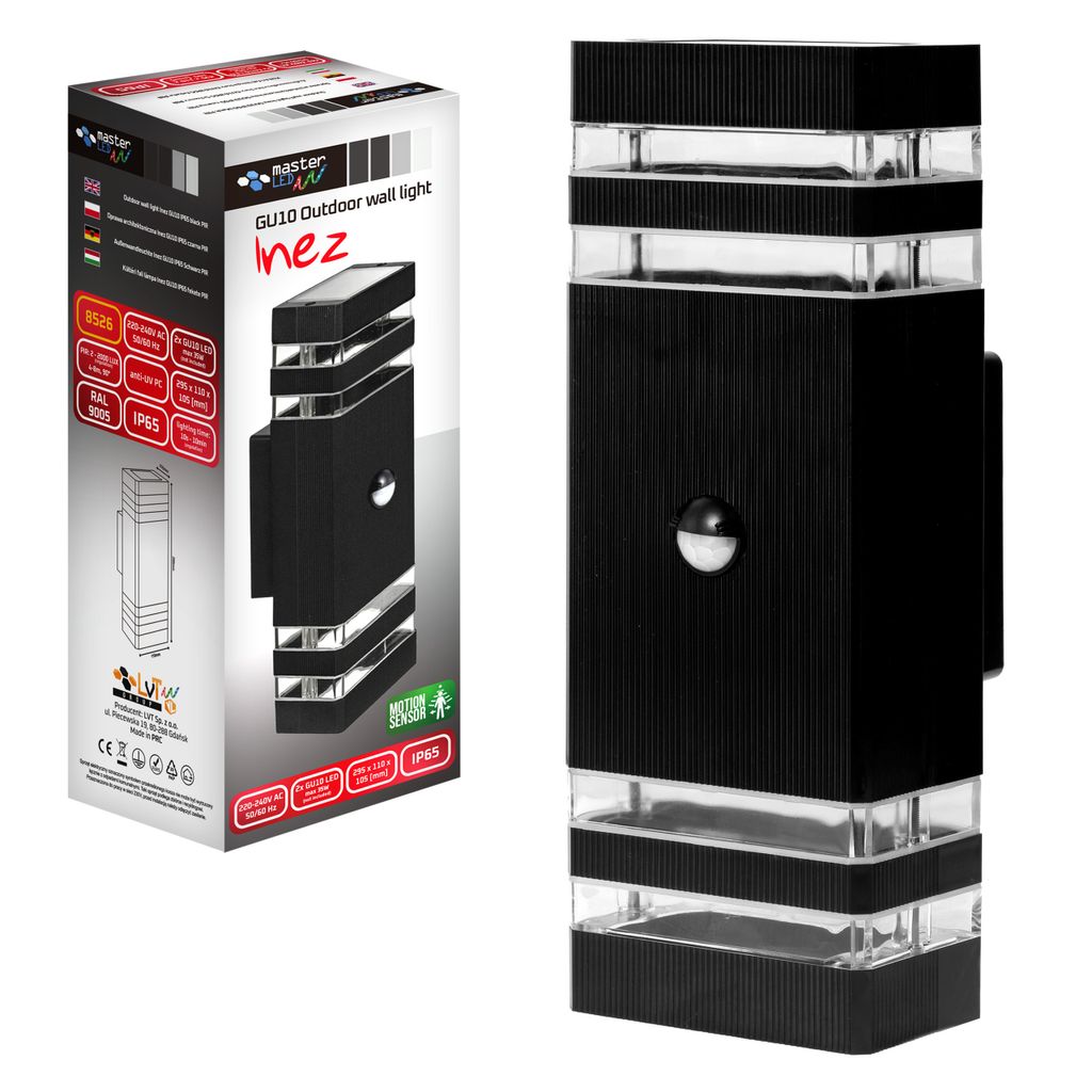 A product box and the outdoor wall light it contains, presented against a white background.