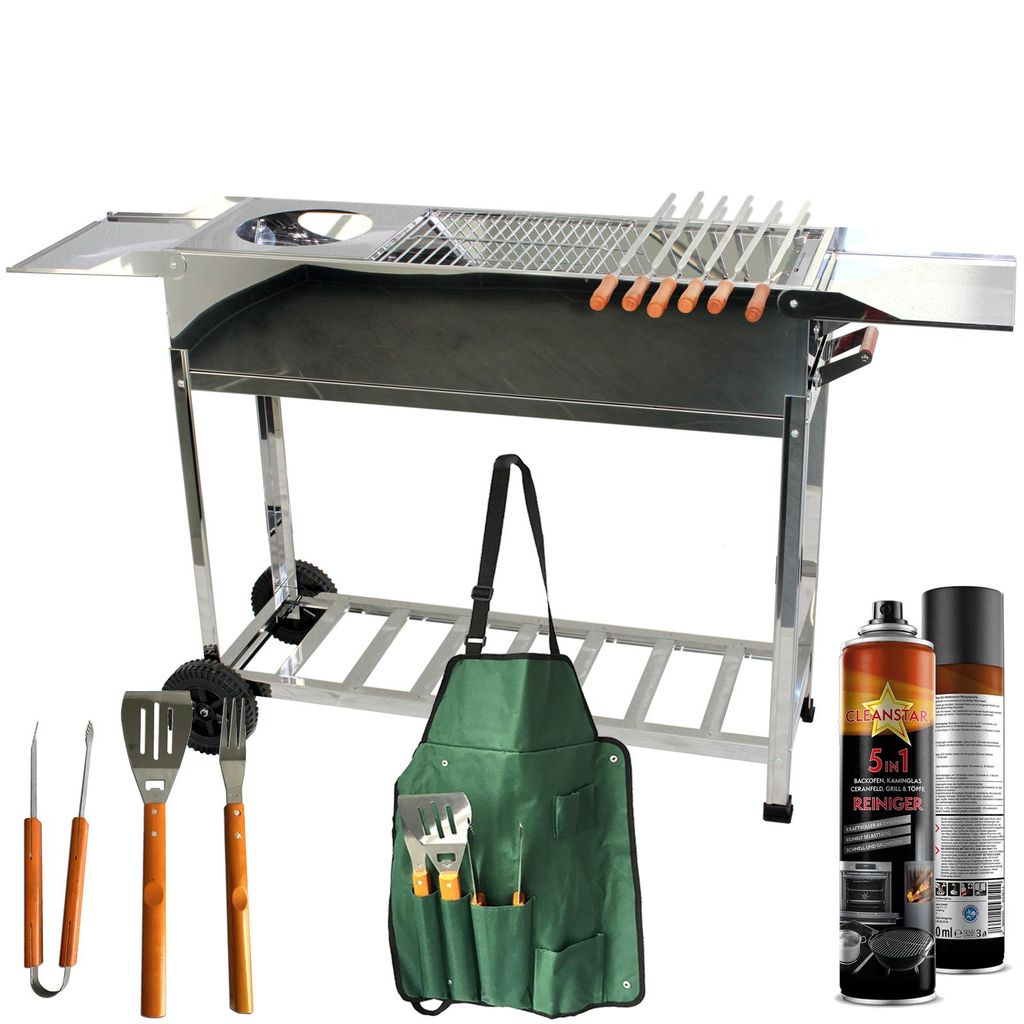 Familien Mangal Grill mit Rollen – Edelstahl Holzkohlegrill inkl. 22 Spieße, 3 Grillroste & Kasan Halter – großer Schaschlik Grillwagen