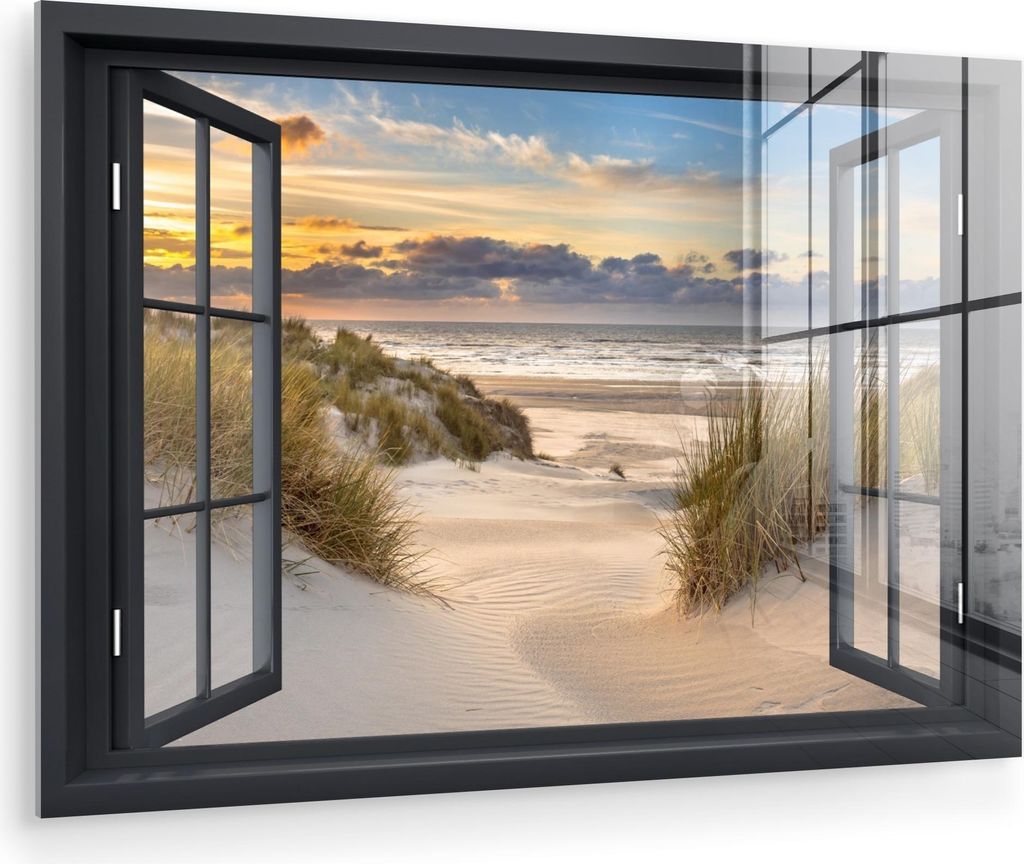 MuchoWow Glasbilder - Bilder auf Wandbild - Foto auf Glas Aussicht - Strand - Dünen - Natur - Ländlich - Fenster 120x80 cm Wanddekoration aus Gla...