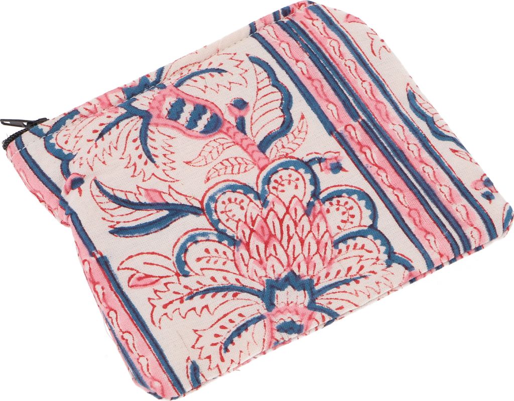 Kleiner Geldbeutel, Kosmetiktasche aus Blockdruck Stoff - Modell 5, Uni - Erwachsene, Pink, Baumwolle, 12*14*1 cm, Portemonnaies