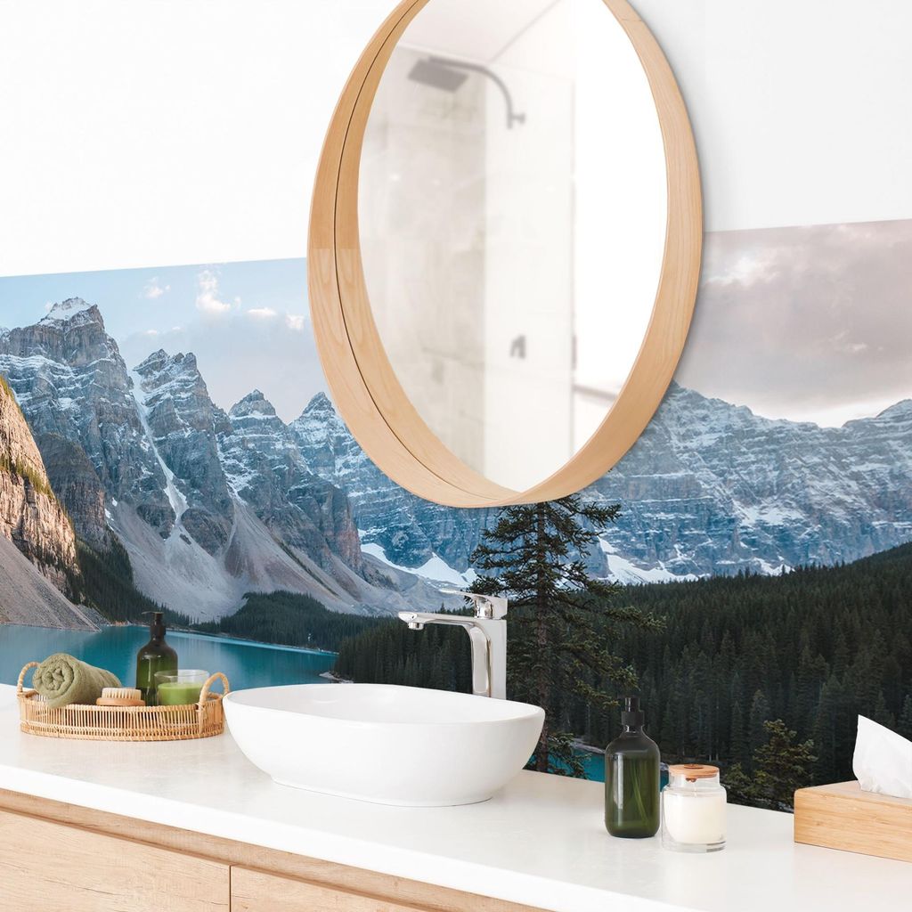 Wandverkleidung Bad Natur selbstklebend - 0.61 mm Wandpaneel matt wasserfest Berg blau Motiv Badrückwand fugenlos 175x50 cm