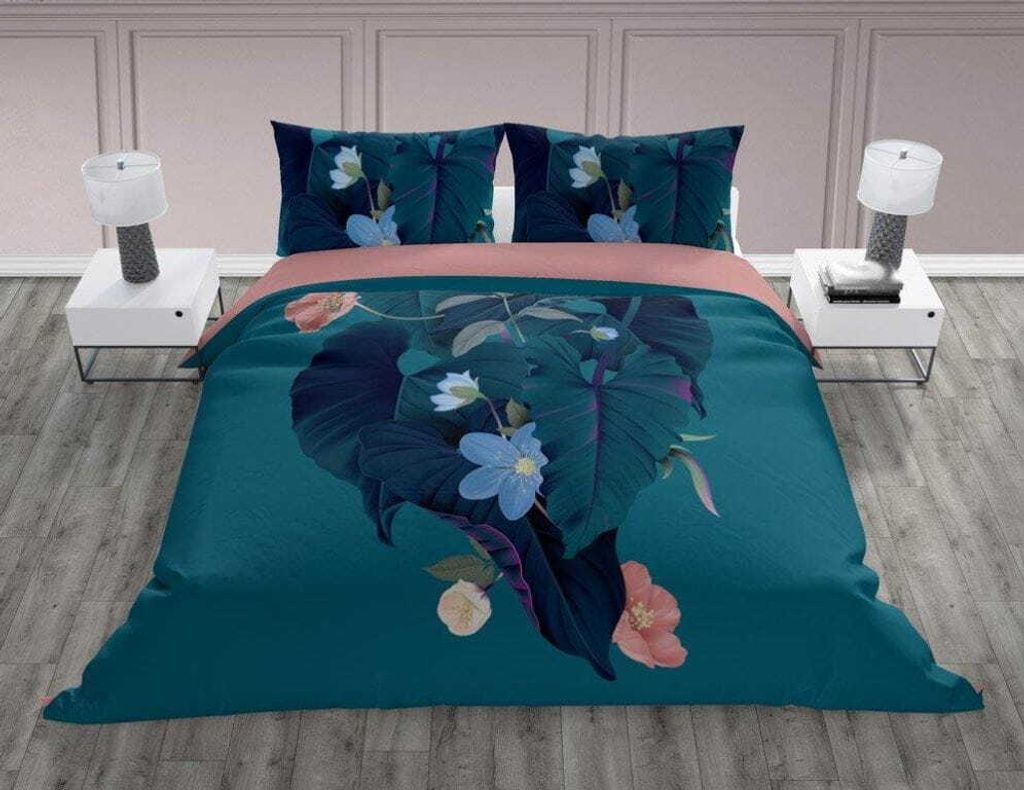 Bettwäsche, 100% Baumwolle, hohe Qualität 200x220 Trendy 008 Türkis, große Blätter