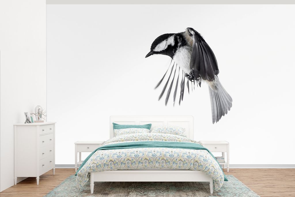 MuchoWow Fototapete für Wohnzimmer oder Schlafzimmer Wandtapete Vinyl Motivtapete Vogel - Federn - Schwarz - Weiß - 375x240 cm - Wand Tapete