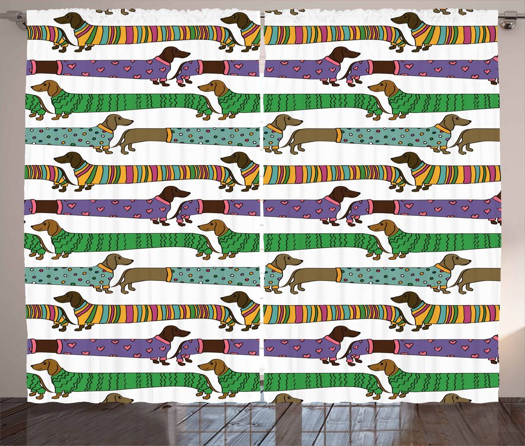 ABAKUHAUS Hundeliebhaber Rustikaler Vorhang, Dackel in Kleidung, Wohnzimmer Universalband Gardinen mit Schlaufen und Haken, 280 x 245 cm, Mehrfarbig