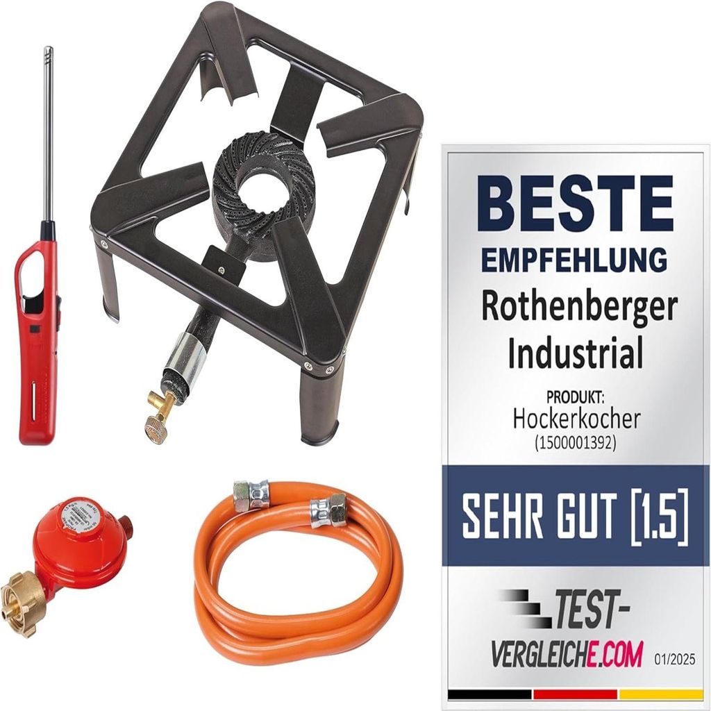 ROTHENBERGER Industrial Hockerkocher inkl. 1,5 m Propan-Gas-Schlauch & Propan-Konstantregler & Gasanzünder zur Zündung - 1500003361