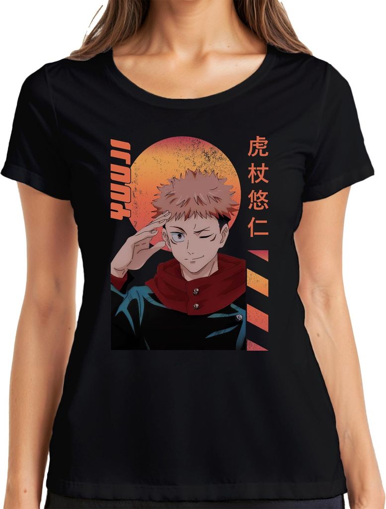 Jujutsu Kaisen Itadori Yuji zwinkernd Anime Geschenk Retro Damen T-Shirt, Schwarz, XXL