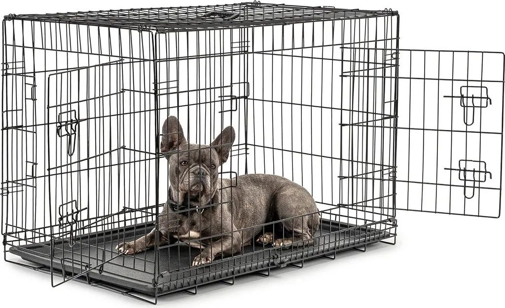 gabbia da trasporto per animali lionto, gabbia pieghevole in metallo con parete divisoria, base in plastica e chiusura di sicurezza, 92x58x64 cm