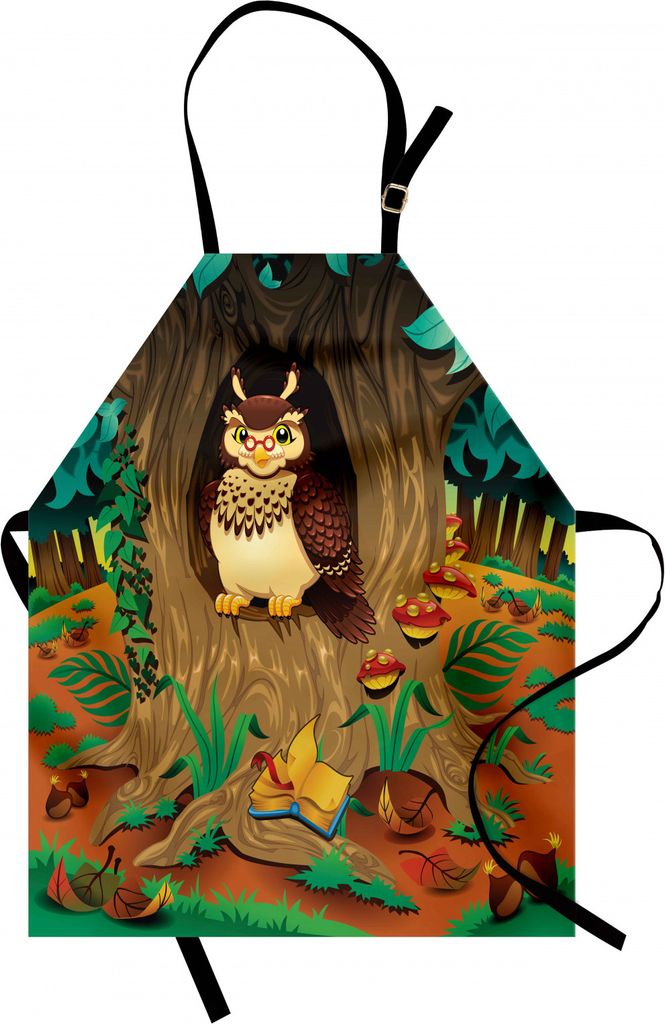ABAKUHAUS Eule Kochschürze, Altes kluges Kindermädchen Grandma Owl im Kastanien-Baum Hallow, der durch Salbei Character Print schaut, Maschienenw...