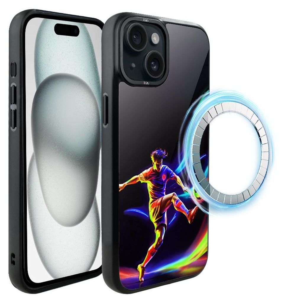 Schutzhülle für das iPhone 15 Plus, MagSafe-kompatibel, mattschwarze Seiten, Fußballspieler, für Fußballfans
