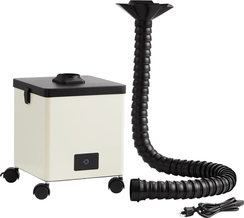 A cream-colored fume extractor with a black lid and a flexible black hose attachment, shown on a white background.