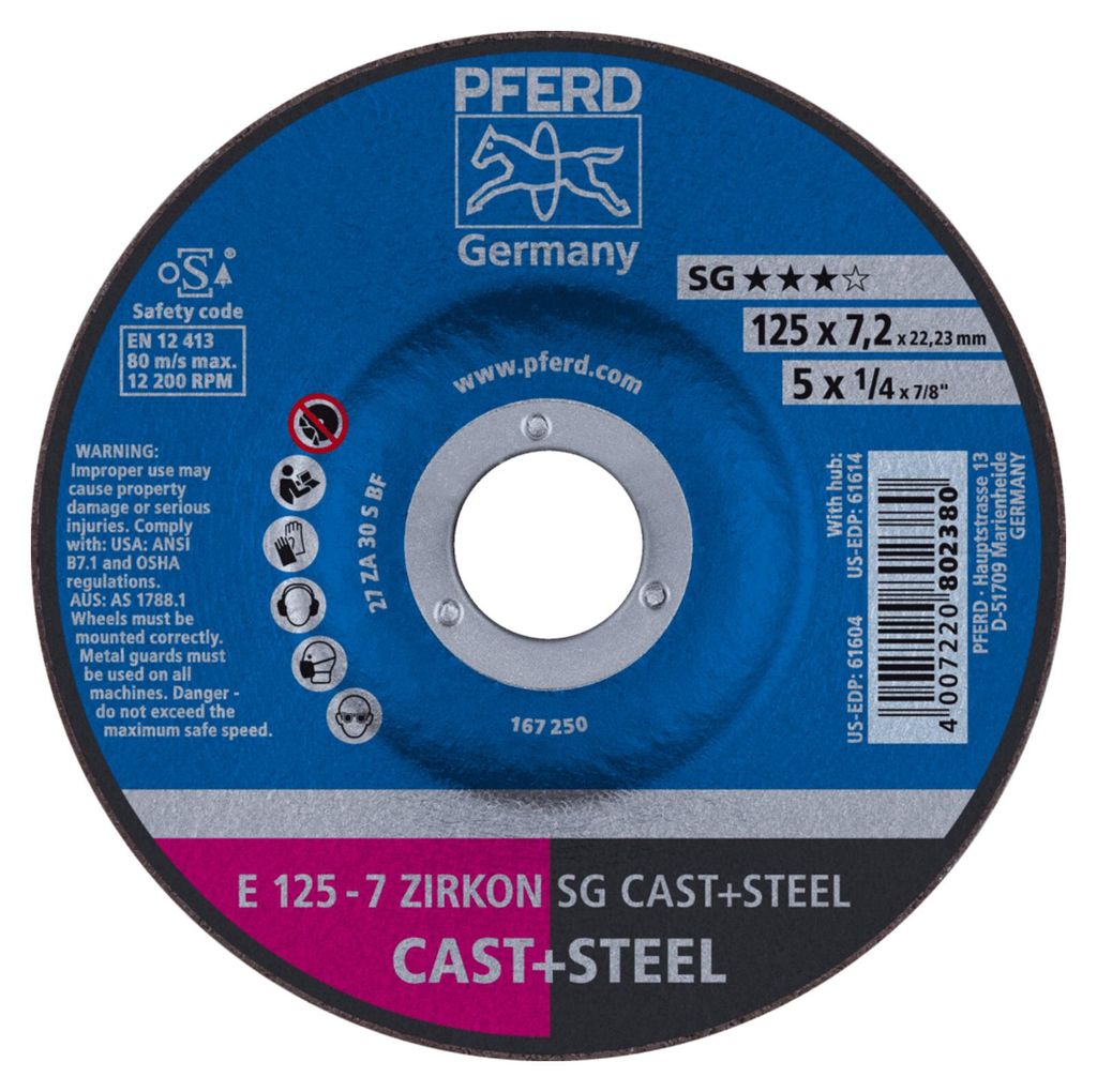 PFERD TOOLS Schruppscheibe E 125x7,2x22,23 mm ZIRKON Leistungslinie SG CAST+STEEL für Guss/Stahl 10 Stk