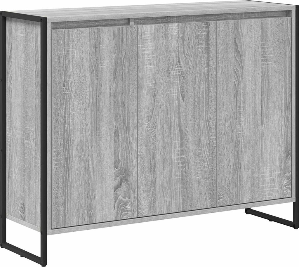 A standalone cabinet with a wood grain finish and black metal frame.