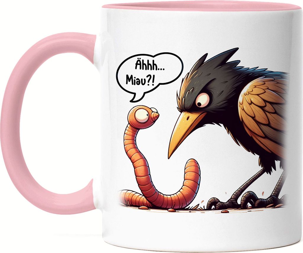 Ähh Miau?! Vogel und Regenwurm Tasse Rosa - Lachen und Freude