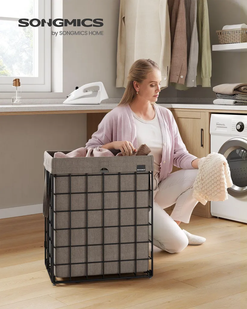 Corbeille à linge pliante 90 litres design noir-camel en métal rigide - 2