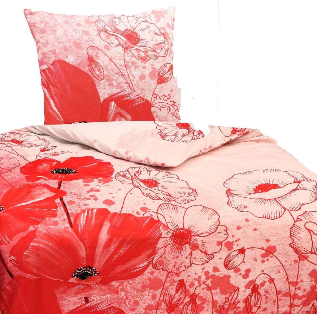 Mikrofaser Satin Bettwäsche Mohnblumen 135x200 80x80 Set Produktbild 