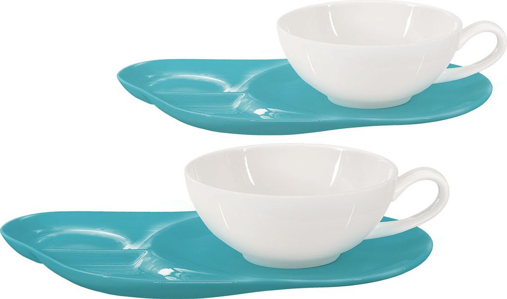 Buchensee Teetassen Porzellan / Teetassen Set Lena mit Ablageteller, 2 Tassen je 200ml, weiß/türkis, Crystal Bone China