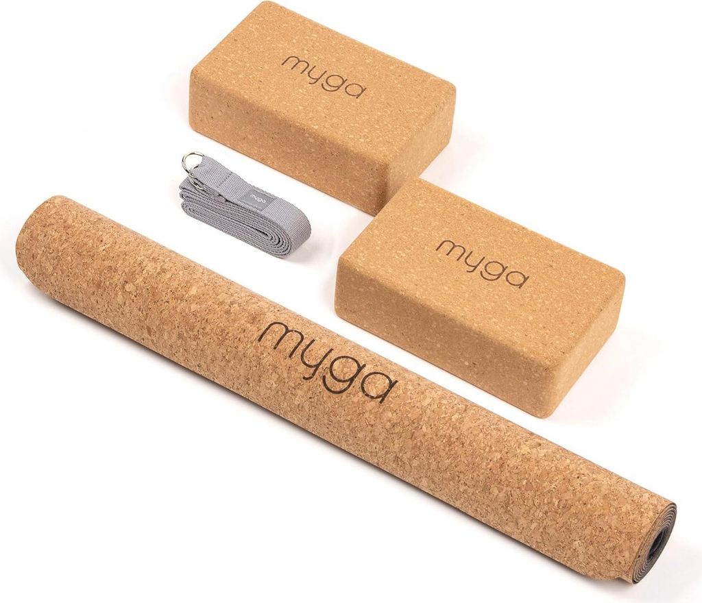 Yoga Starter Set - Kork Yogamatte 2 Kork Yoga Blöcke und Yoga Gurt - Starter Kit mit Matte 2 Blöcken & Metall D-Ring Gurt für Hot Yoga Pilates &...