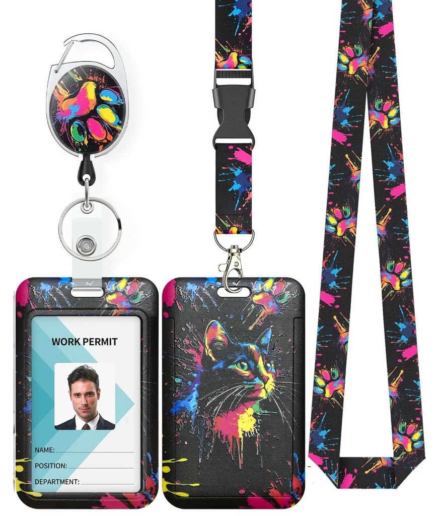 Modischer, verschiebbarer Ausweishalter mit Katzenmotiv, Kunststoffgehäuse mit einziehbarem Ausweishalter, Karabiner und abnehmbarem Lanyard, gepr...