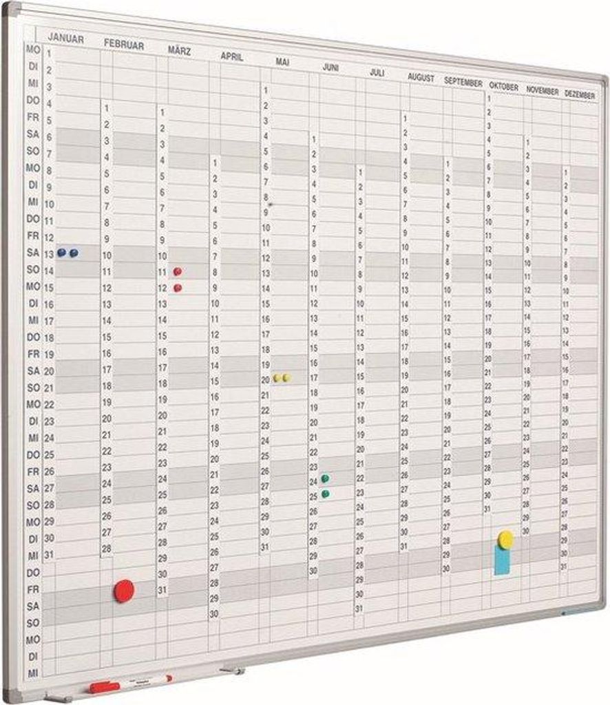Geëmailleerd staal-Wandkalender - Magnetisch - Wit - 90 x 60cm - Inkl. Ziffern- und Datumstreifen
