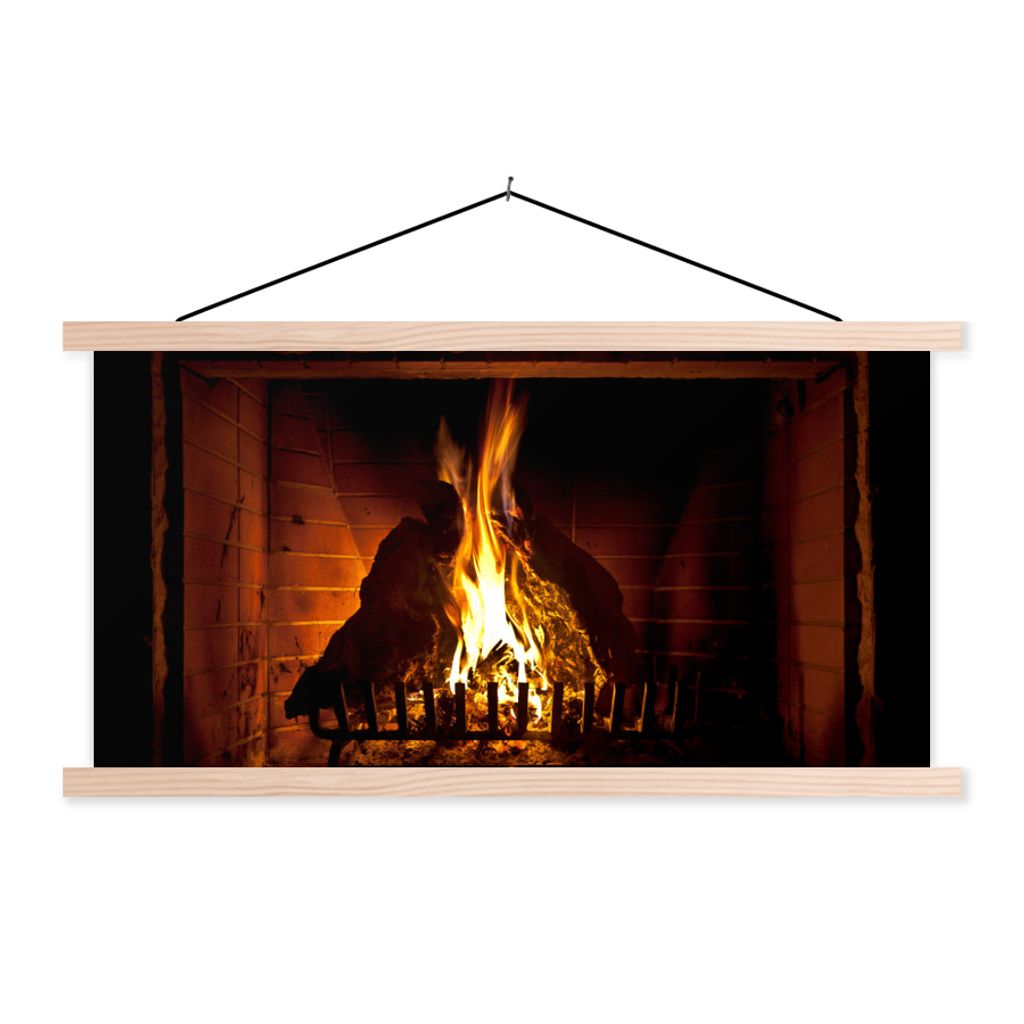 MuchoWow Textilposter Kamin mit hohen Flammen 120x60 cm mit holzfarbenen Rahmen - Klemmleiste