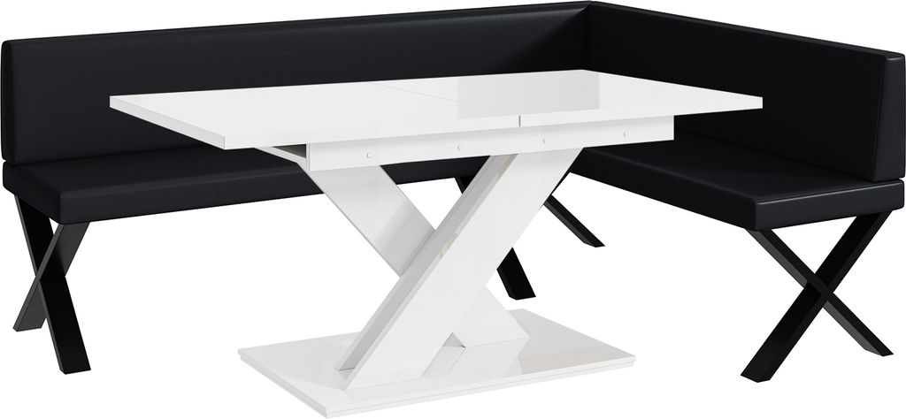 MEBLINI Eckbank für Esszimmer mit ausziehbarem Tisch - Küchenbank - Essecke - Sitzecke Küche - TONI - X-Beine 142x196x87cm Rechts - Schwarz Kuns...