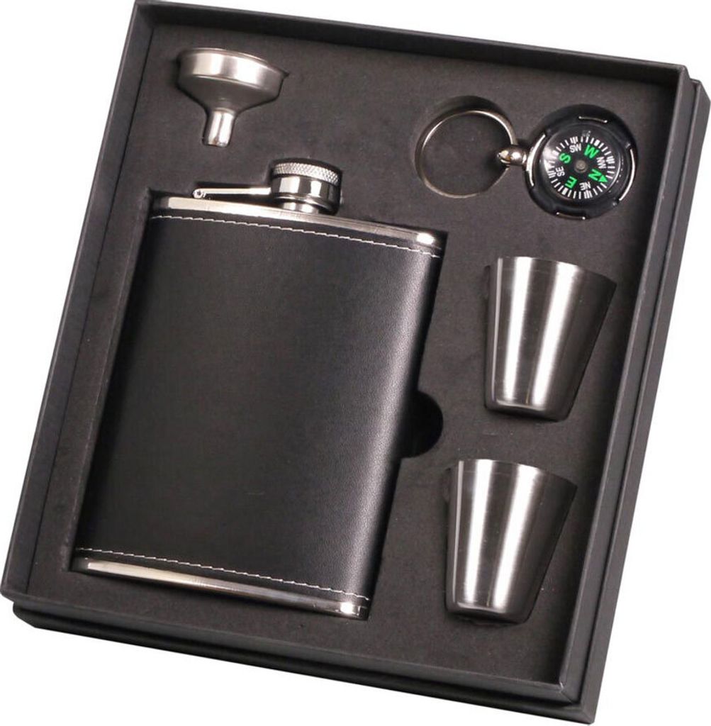 Hauser Flachmann aus Edelstahl mit schwarzem Kunstlederüberzug + Kompass, 210 ml