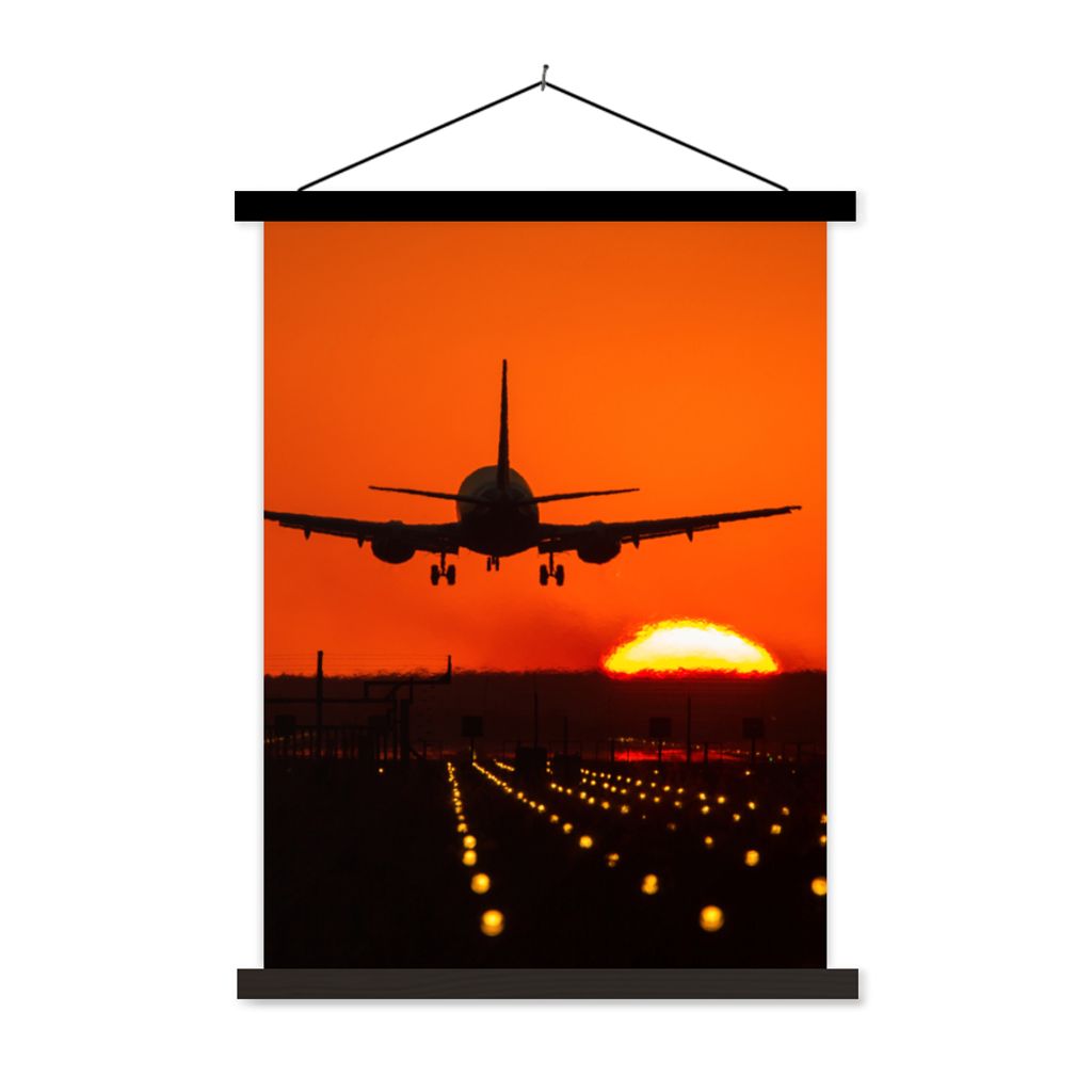MuchoWow Textilposter Sonnenuntergang - Flugzeug - Orange - Sonne 40x53 cm mit schwarzem Rahmen - Abbildung