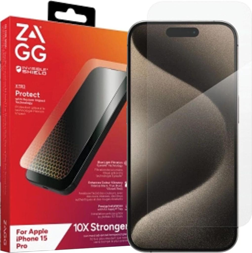 A product box for a ZAGG Invisible Shield screen protector for an iPhone 15 Pro, with the screen protector and a phone displayed.