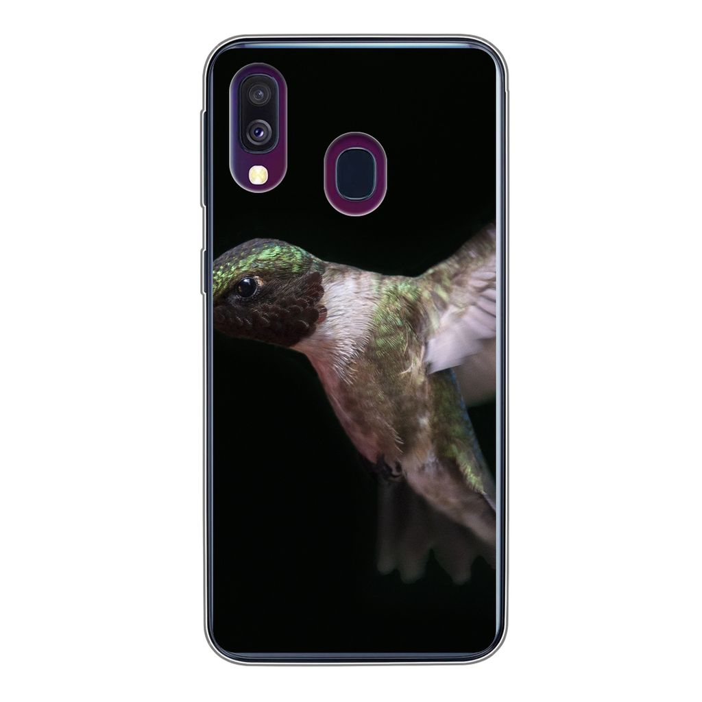 MuchoWow Handyhülle Schutzhülle Hülle für Samsung Galaxy A40 Rubinkehl-Kolibri auf schwarzem Hintergrund Silikon Softcase Handy Hülle