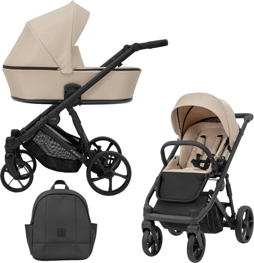 Kunert ARIZO 2in1 Kinderwagen in Braun/Creme mit schwarzem Gestell, Tragetasche und Zubehör
