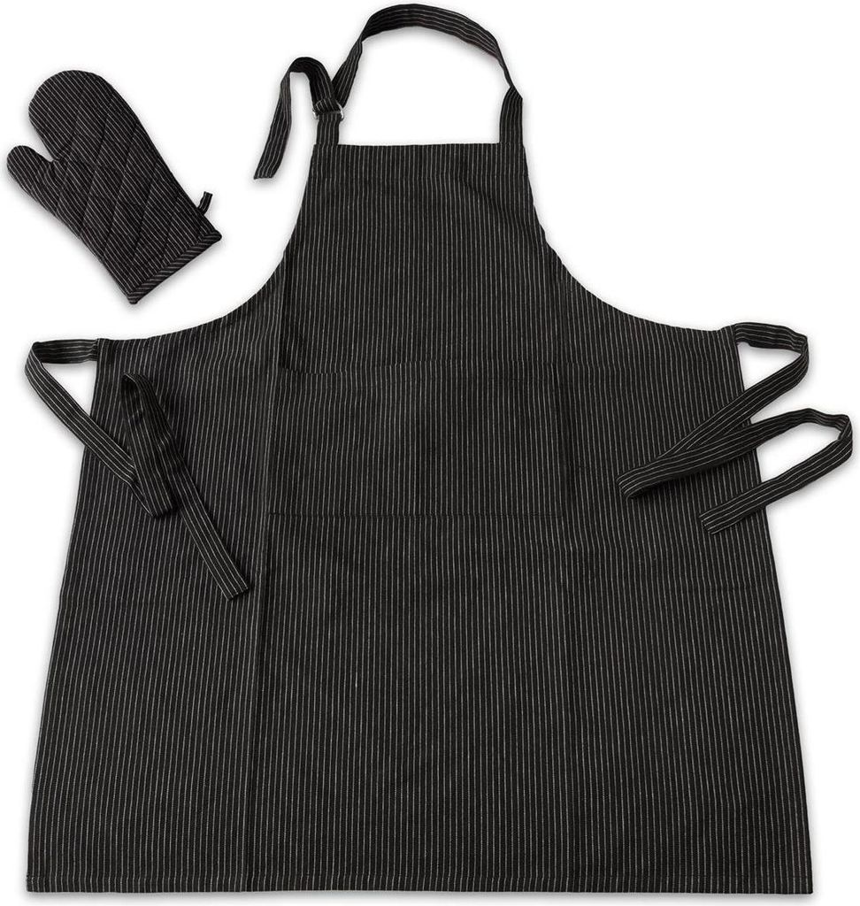 1 Karton Grillschürze Küchenschürze mit Ofenhandschuh 2teilig im Set schwarz/weiss gestreift