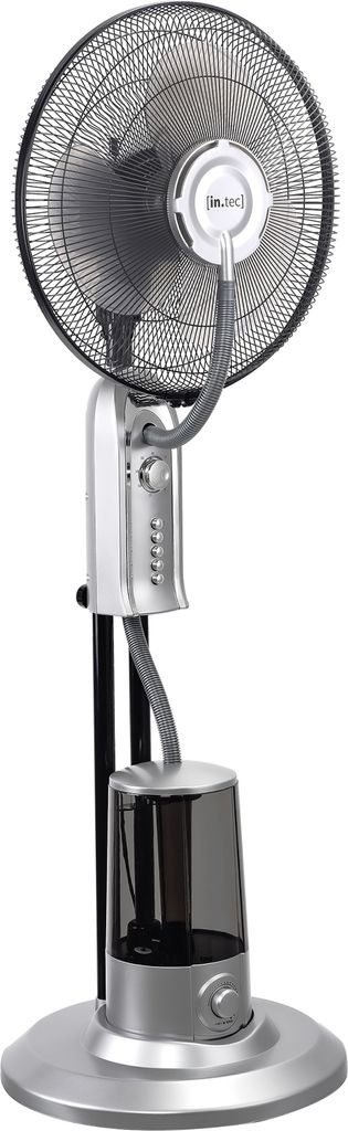 A silver and black misting fan on a white background.