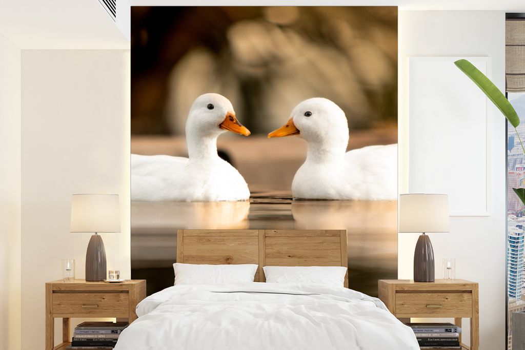 MuchoWow Fototapete für Wohnzimmer oder Schlafzimmer Wandtapete Vinyl Motivtapete Ente - Weiß - Tiere - Wasser - Vogel - Enten - 160x220 cm - B...