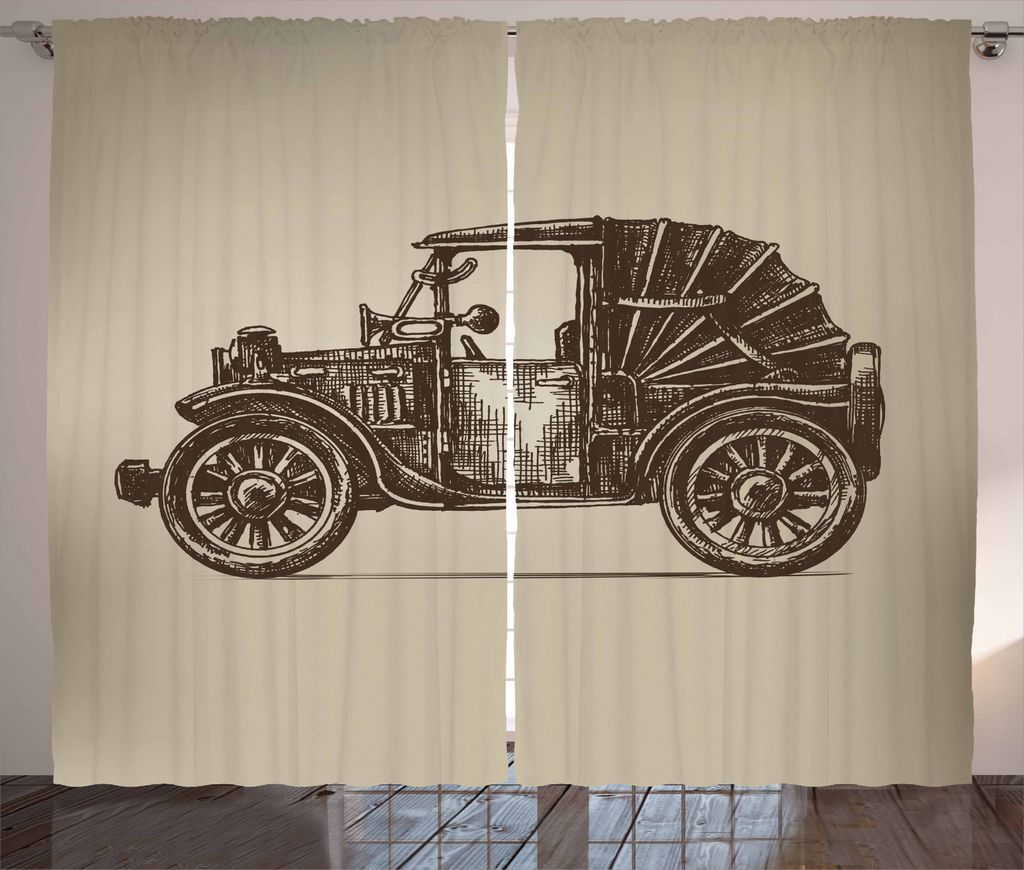 ABAKUHAUS Autos Rustikaler Vorhang, Oldtimer-Cabrio, Wohnzimmer Universalband Gardinen mit Schlaufen und Haken, 280 x 245 cm, Beige Sepia