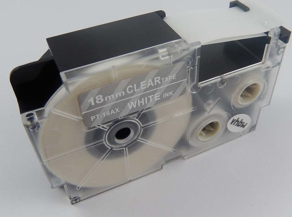 vhbw Schriftband-Kassette kompatibel mit Casio KL-C500, KL-8200, KL-8100, KL-820, KL-780 Etiketten-Drucker 8m x 18mm Weiß auf Transparent, pet+ RESIN