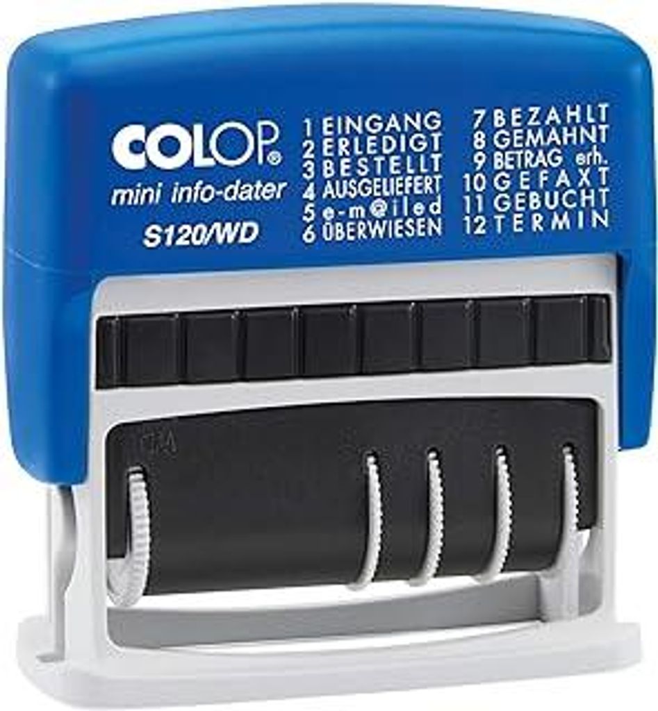 Colop S120/WD MiniInfoDater Schrifthöhe 4 mm Kissen blau/rot 12 Texte