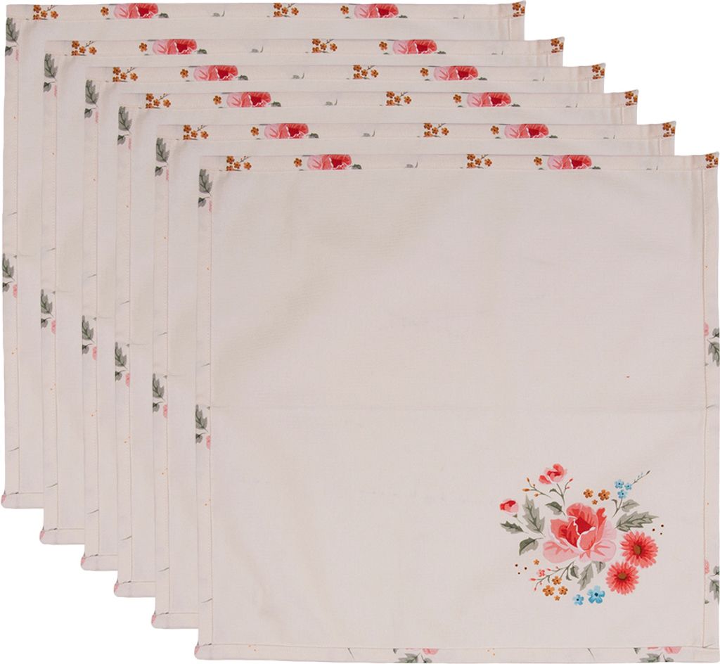 Clayre & Eef Servietten Baumwolle 6er Set 40x40 cm Beige Baumwolle Rosen