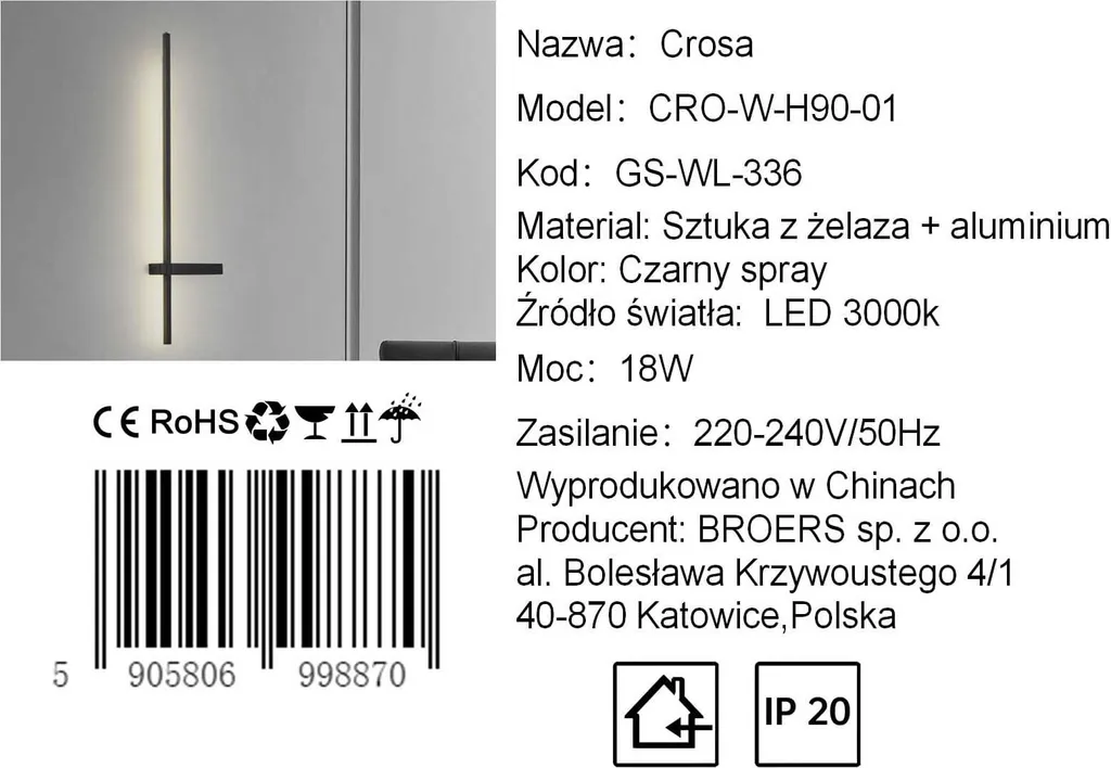 Applique LED 90 cm Crosa 18W Noir : Éclairage Mural Moderne et Design