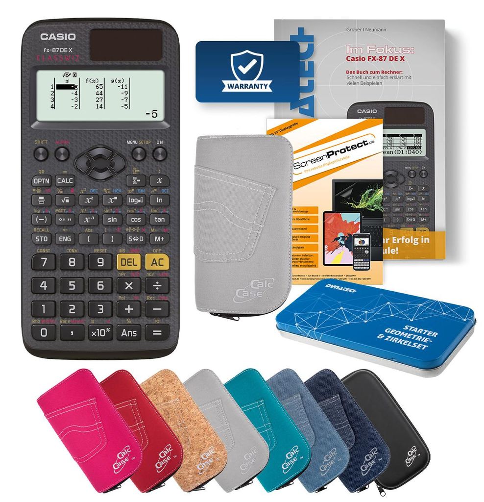 Casio FX-87 DE X Taschenrechner Tasche hellgrau, Folie, Fachbuch & Zirkel Set