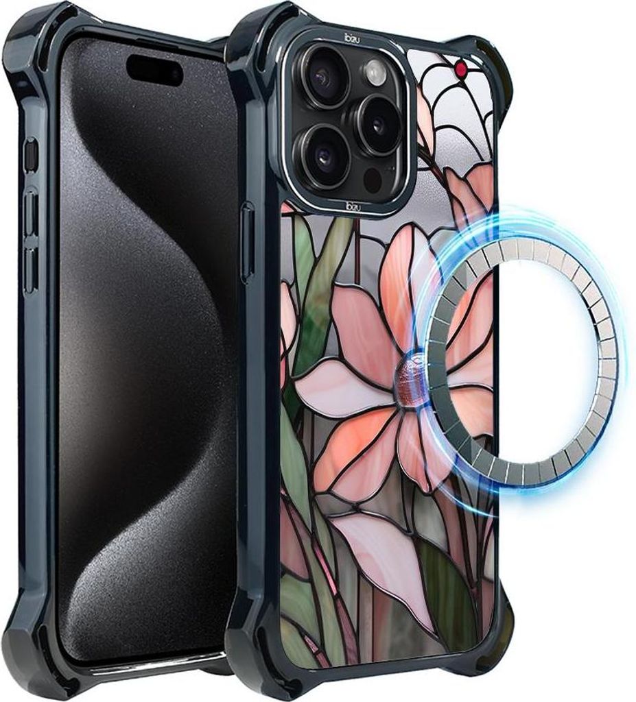 Schutzhülle für das iPhone 15 Pro, MagSafe-kompatibel, verstärkte Ecken, schwarz, Glasmalerei, rosa Blume, Magnolie